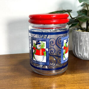 KIG Christmass Holiday Glass Cookie Jar Snowman 5.75" Plastic Lid Red Blue